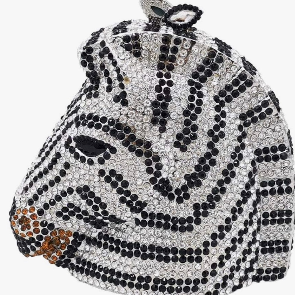 Stunning Small Black and White Zebra head Crystal Clutch Handbag